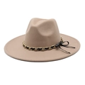 Detail of wool fedora hat with camel wide brim and black leather gold chain band - M (56-58cm) / Light Purple Grey