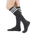 Dark gray knee-high knit socks with three white stripes on the cuff for women - One Size / Dark Grey with White Stripes