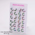 Set of 24 rainbow stainless steel hoop earrings with 8mm inner diameter on display card - 2.5mm Wire 8mm Inner Diameter / Colorful