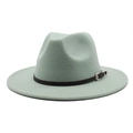 Detail of sage green wool fedora hat with dark brown leather band and silver buckle - M (56-58cm) / Mint Green