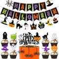 Banner e topper per cupcake di Halloween con fantasmi, zucche e gatti neri glitterati - Set 2 (Banner Halloween + Topper Stile 2)