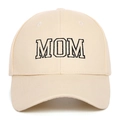 Detailed close-up of MOM embroidery on the front of a beige cotton baseball cap - Adjustable / Beige MOM
