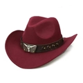Burgundy western cowboy hat with brown leather band and silver bull head ornament - M(56-58cm) / Wine Red (Woven Bull Head Band)