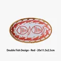 Japanese style oval ceramic tray with red double fish pattern and rattan woven border - Red Double Fish Style