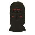 Detail of olive knitted balaclava mask with red "NOT NICE" embroidery and eye openings - One Size / Army Green