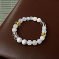 Beaded bracelet with white marble stones, crystals and gold foil beads on leather background - 40# White Jade