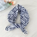 White linen scarf with blue tribal prints and delicate crochet lace trim finish - White Geometric Block