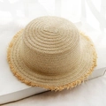 Flat top straw sun hat with frayed brim in beige for summer beach vacations - One Size / Frayed Edge Beige