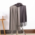 Brown to dark grey gradient cashmere scarf with tassel fringe on a display stand - No.30 Coffee Light Grey