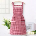 Charming red and white plaid cotton apron with lace trim and dual front pockets - Jujube Red (Straps Plaid Lace)