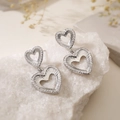 Silver double heart drop earrings with cubic zirconia on white crystal stone - Silver Double Heart Style