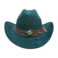 Pfauengrüner Wildleder-Cowboyhut mit ethnischem Webband und buntem Perlen-Quasten-Dekor - Einheitsgröße / Dunkelgrün
