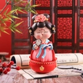 Cute tumbler figurine in pink and blue hanfu with fan on red drum base for desk decor - Fan Holding Style (1088-35) / 1 Piece (Large) / Pale Blue