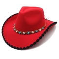 Detail of red cowboy hat with black scalloped edge and ethnic woven band decoration - M (56-58cm) / Red