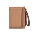 Minimalist camel brown leather wallet with gold zipper and convenient wrist strap - Brown