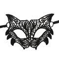 Close-up detail of black lace masquerade mask with intricate floral embroidery and textures - Little Fox