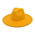 Close-up of bright yellow wool fedora hat with classic wide brim and teardrop crown - M (56-58cm) / Yellow