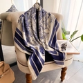 Blue Toile de Jouy silk scarf 110cm with forest pattern and striped borders - Blue