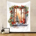 Dettaglio dell'arazzo natalizio bohémien con finestra invernale innevata e foglie di agrifoglio - 73X95CM / GT230339 Finestra con Bollitore Rosso Invernale/Tessuto Spazzolato
