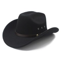 Detail of a black wool cowboy hat with brown leather band and metal ventilation eyelets - M(56-58cm) / Black