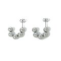 Detailed close-up of J-shaped silver bead earrings featuring high-polish stainless steel - C-Shape Five-Ball Studs / Steel