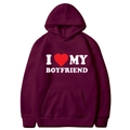 Burgundy 'I Heart My Boyfriend' hoodie with front kangaroo pocket and drawstring hood - S / Tops / Burgundy