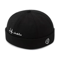 Classic black cotton brimless docker cap with white side embroidery in a streetwear style - Black
