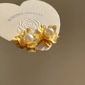 Elegant gold flower pearl earrings featuring white pearls on a romantic heart card - Flower Pearl Inlay
