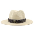 Classic straw cowboy hat in beige with studded leather band and vintage metal emblem - Beige