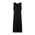 Elegant black sleeveless knit dress featuring a textured bodice and layered fringe hemline - S / Black