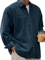 Close-up of a men's corduroy shirt in dark grey, featuring a soft texture and casual fit - Navy Blue