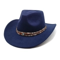 Detailed shot of navy felt fedora featuring woven band and evil eye metal ornament - M(56-58cm) / Navy Blue