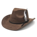 Classic dark brown suede western cowboy hat with decorative black band and feathers - M (56-59cm) / Brown