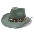 Grijsgroene strooien cowboyhoed met geborduurde suède band en turquoise versiering - M (56-58cm) / Waterleliegroen