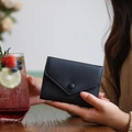 Slim black lychee leather women's wallet with envelope flap and snap button closure - Black