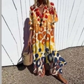 Dames maxi-jurk met V-hals en abstracte luipaardprint in rode en gele kleuren - Meerkleurige Abstracte Luipaardprint
