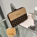 Mini brown and khaki bicolor faux leather coin purse with clover pattern and pompom - Coffee