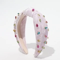 Pink velvet headband featuring colorful teardrop gemstones on a knotted design - Velvet Rhinestone Knotted Style / White