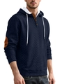 Navy blue men's hoodie with waffle texture, contrast lining, and brown elbow patches - S / Navy Blue