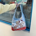Borsa hobo in tela azzurra con graziose illustrazioni di cani e tracolla singola - Cane da Viaggio Grande