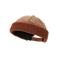 Distressed brown knit brimless beanie with retro hole details and adjustable strap - Caramel color