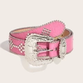 Pink rhinestone punk belt with crocodile texture and engraved silver floral buckle - Plum Pink