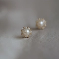 Elegant gold-plated stud earrings with round white pearl center and halo of cubic zirconia - Gold Pair
