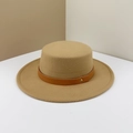 Flat top camel wool fedora hat with a brown leather belt buckle strap decoration - M (56-58cm) / Camel - Coffee Belt