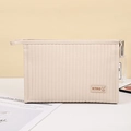 Chique beige PU-make-uptas met stippelstiksels en KTMO-merklabel aan het handvat - Enkele Handtas / Beige