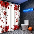Detail view of Christmas shower curtain featuring red poinsettia and silver ornaments - Green With Large Red Bow Design / 90*180cm
