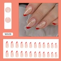 Pink almond press-on nails with red French tips and gold glitter waves set of 24 pieces - Glue Type / Red Ruby Triangle (W608)