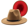 Two-tone wool fedora hat in brown and red with black leather band and gold metal chain - Light Coffee + Red