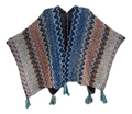 Ethnic knit shawl with wavy patterns and tassels in blue, pink, and brown tones - Brick Red Blue