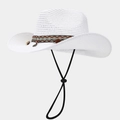 Detail of white straw cowboy hat with ethnic beaded band and adjustable chin strap - White